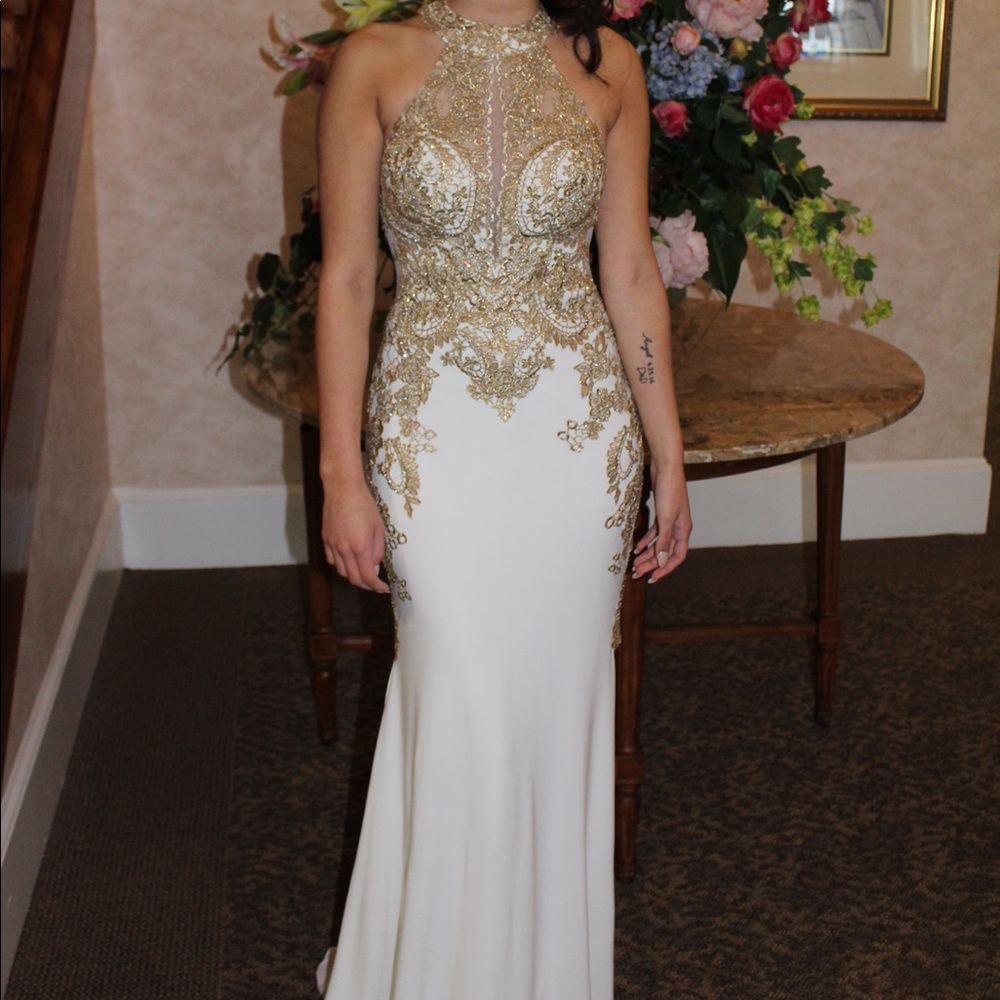 Alexandra’s Boutique Ivory and Gold Prom dress